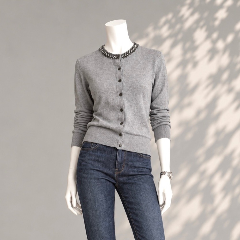 Ann Taylor Jeweled Neck Cardigan S Gray Embellished Quiet Luxury Preppy Sweater